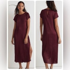 Madewell Slip Midi Dress in Plisse Maroon Mulberry Wine PXS NWT